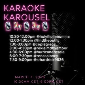 3/7/26 - KARAOKE KAROUSEL
🎙️🎠🎙️🎠🎙️🎠
$7 STARTS AND 🆙